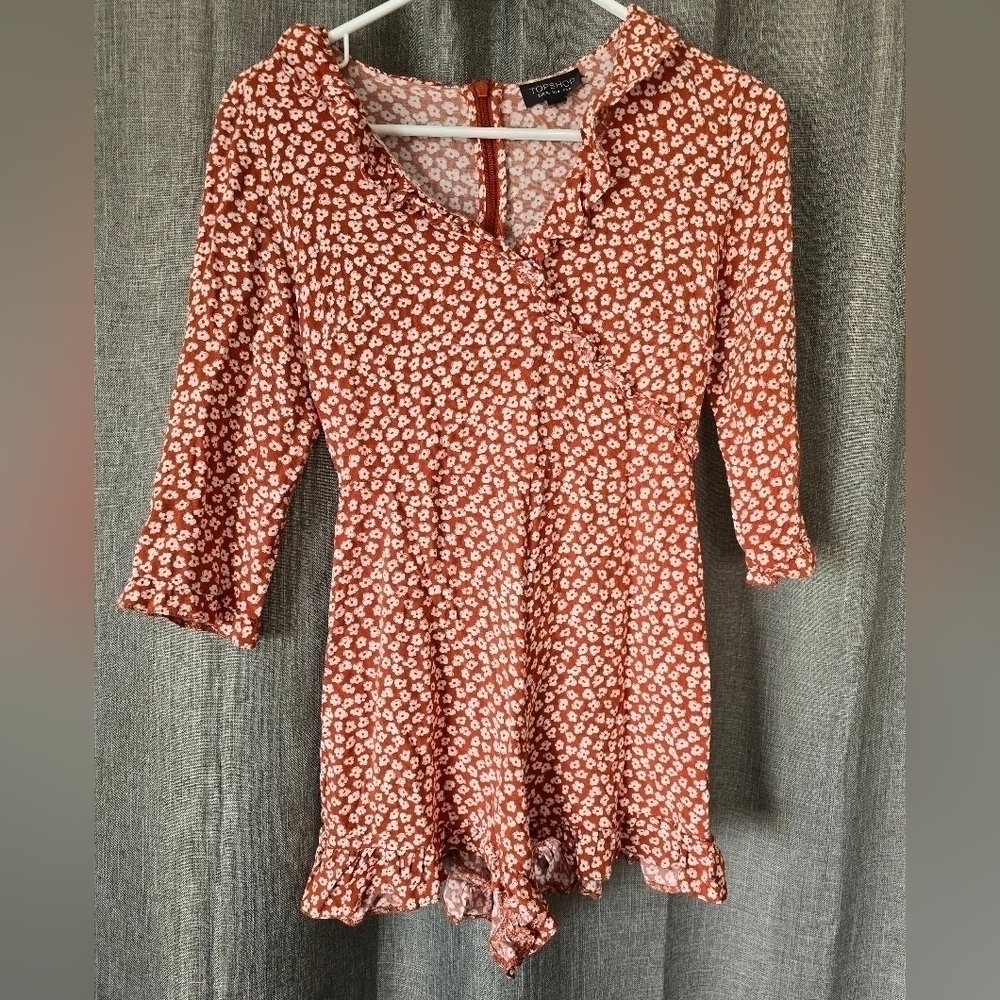Topshop Red Dixie Floral Long Sleeve Romper Size 4 V Neck Ruffles